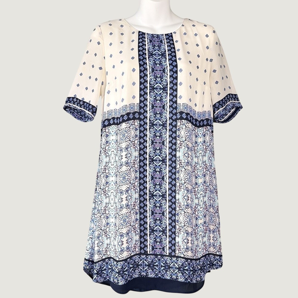 Daniel Rainn Shift Dress Blue Mixed Geo Floral Print Boho Career Small Teacher